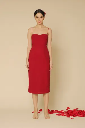 CHIQUITA Sweetheart Midi Dress with Thin Straps (Maroon Linen)