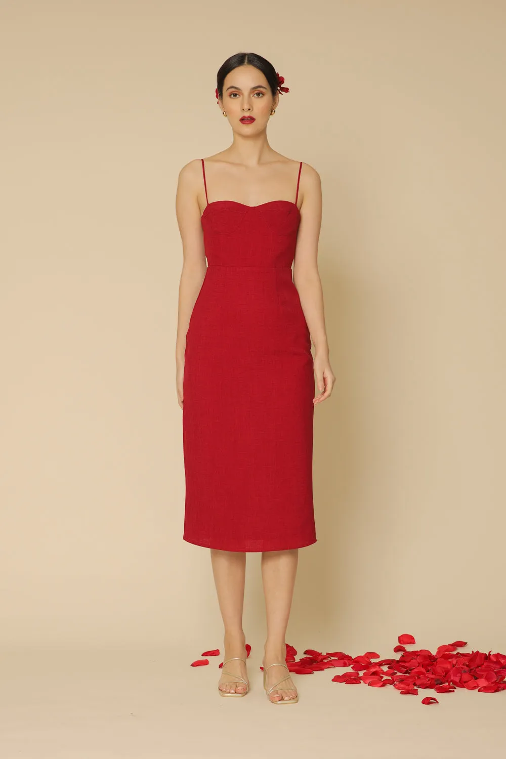 CHIQUITA Sweetheart Midi Dress with Thin Straps (Maroon Linen)