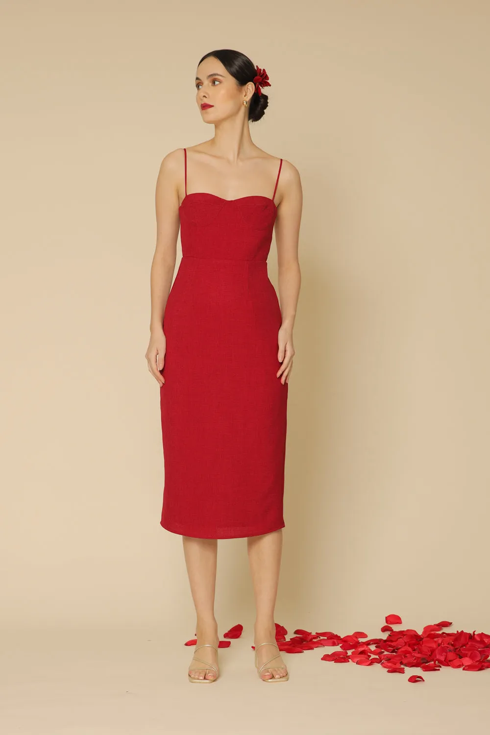 CHIQUITA Sweetheart Midi Dress with Thin Straps (Maroon Linen)