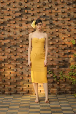CHIQUITA Sweetheart Midi Dress with Thin Straps (Yellow Chambray)