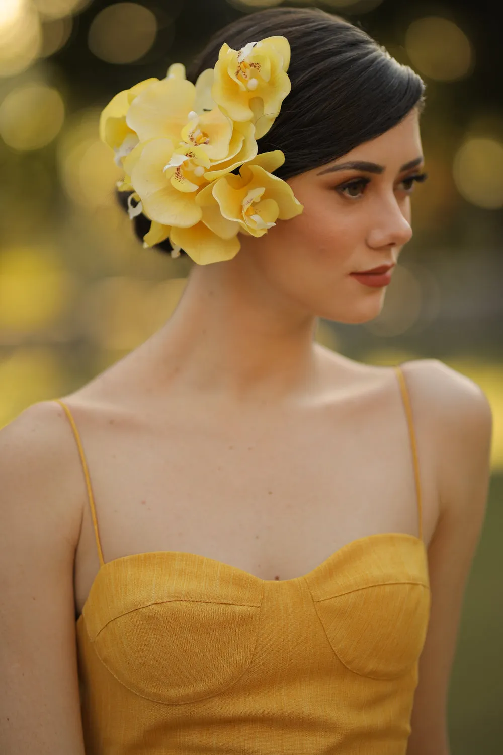 CHIQUITA Sweetheart Midi Dress with Thin Straps (Yellow Chambray)