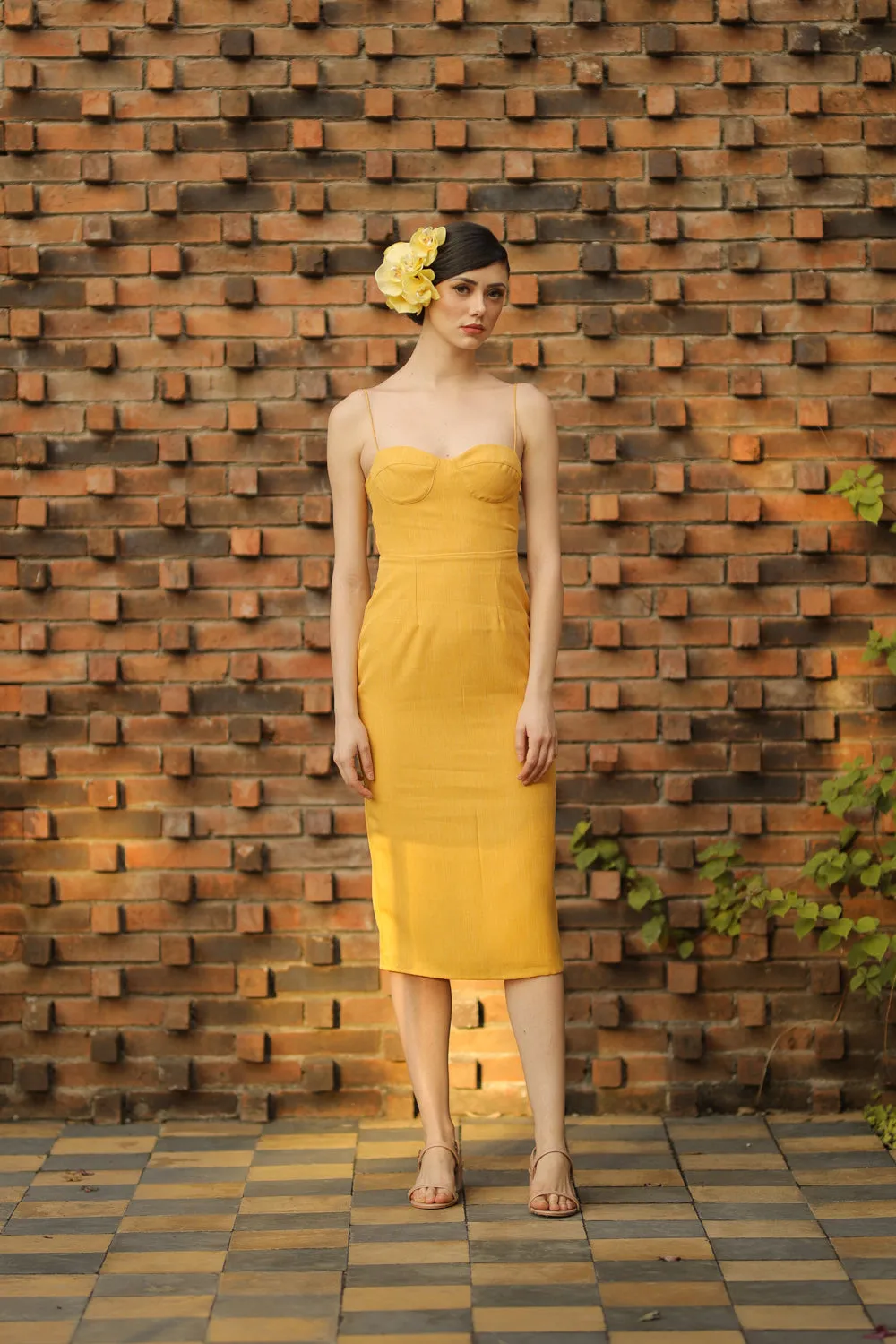 CHIQUITA Sweetheart Midi Dress with Thin Straps (Yellow Chambray)