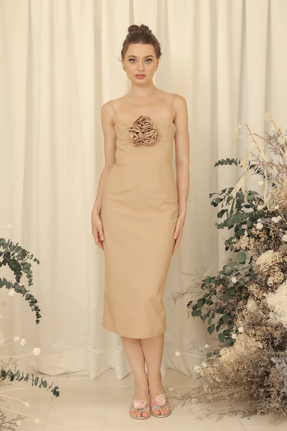 CHLOE Strappy Pencil Cut Midi Dress with Pockets and Trio Floral Detail (Light Tan Linen Blend)