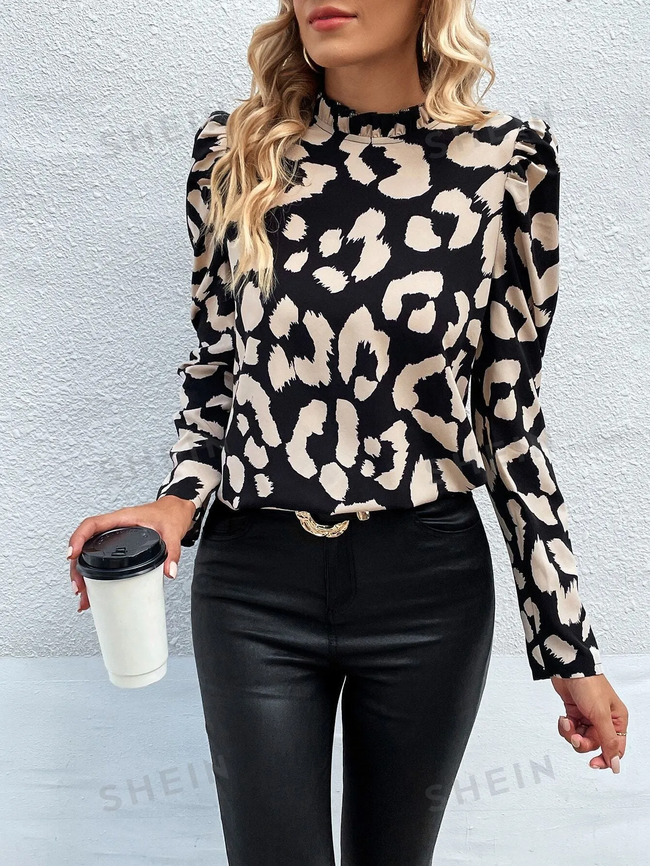 Clasi Leopard Print Frill Mock Neck Puff Sleeve Blouse