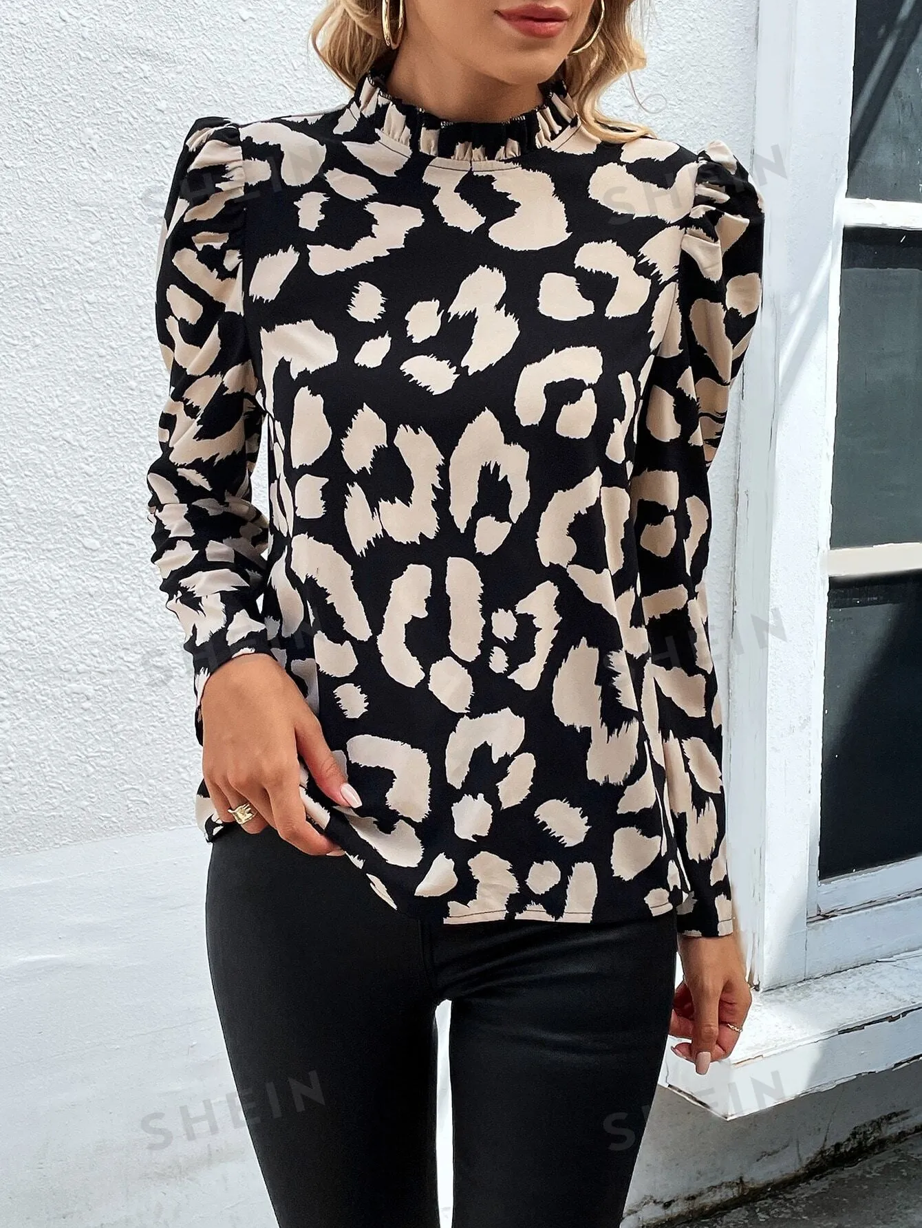 Clasi Leopard Print Frill Mock Neck Puff Sleeve Blouse