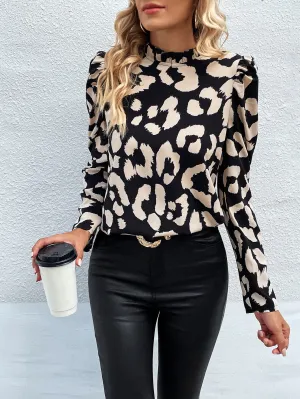 Clasi Leopard Print Frill Mock Neck Puff Sleeve Blouse