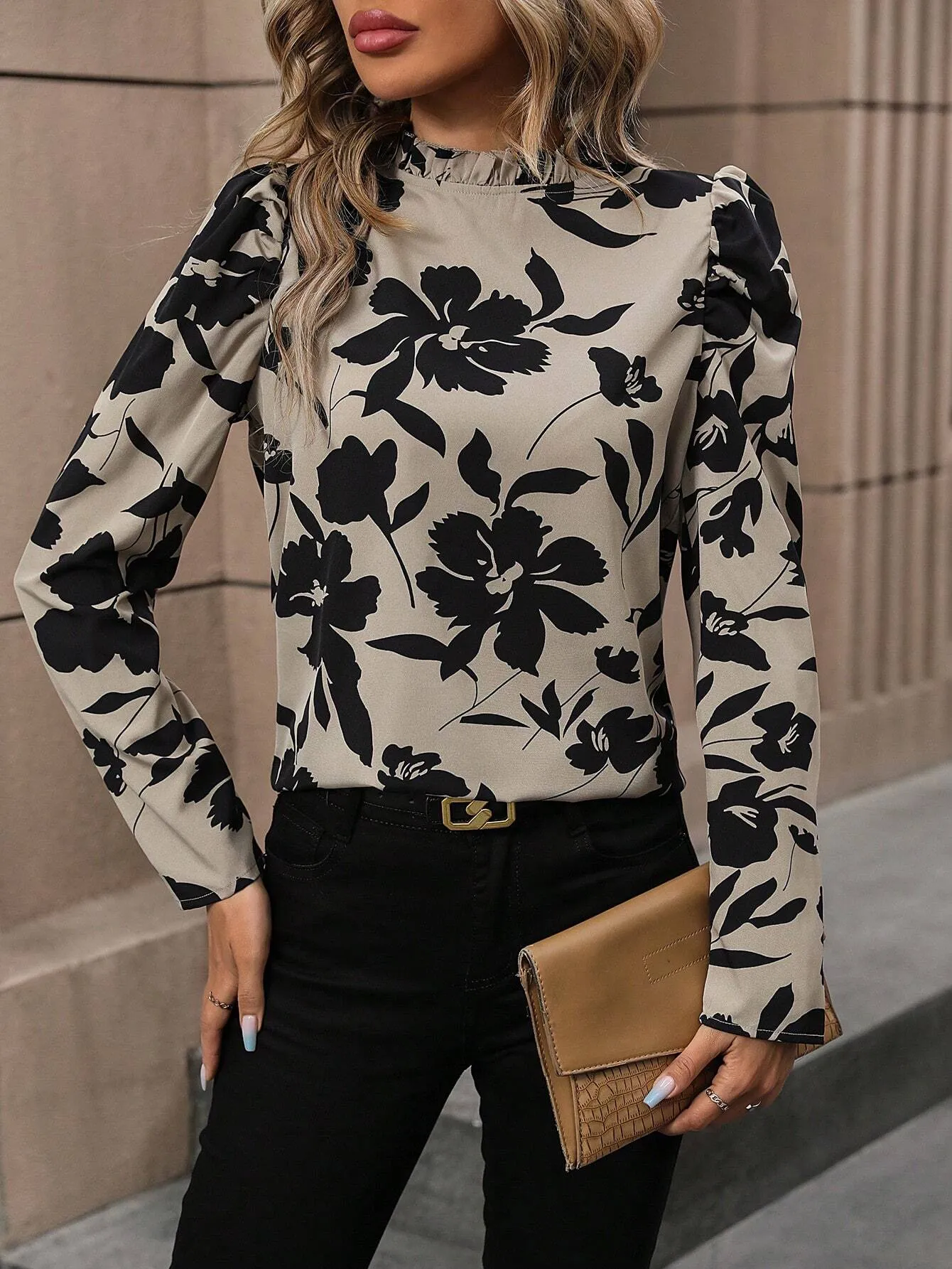 Clasi Leopard Print Frill Mock Neck Puff Sleeve Blouse