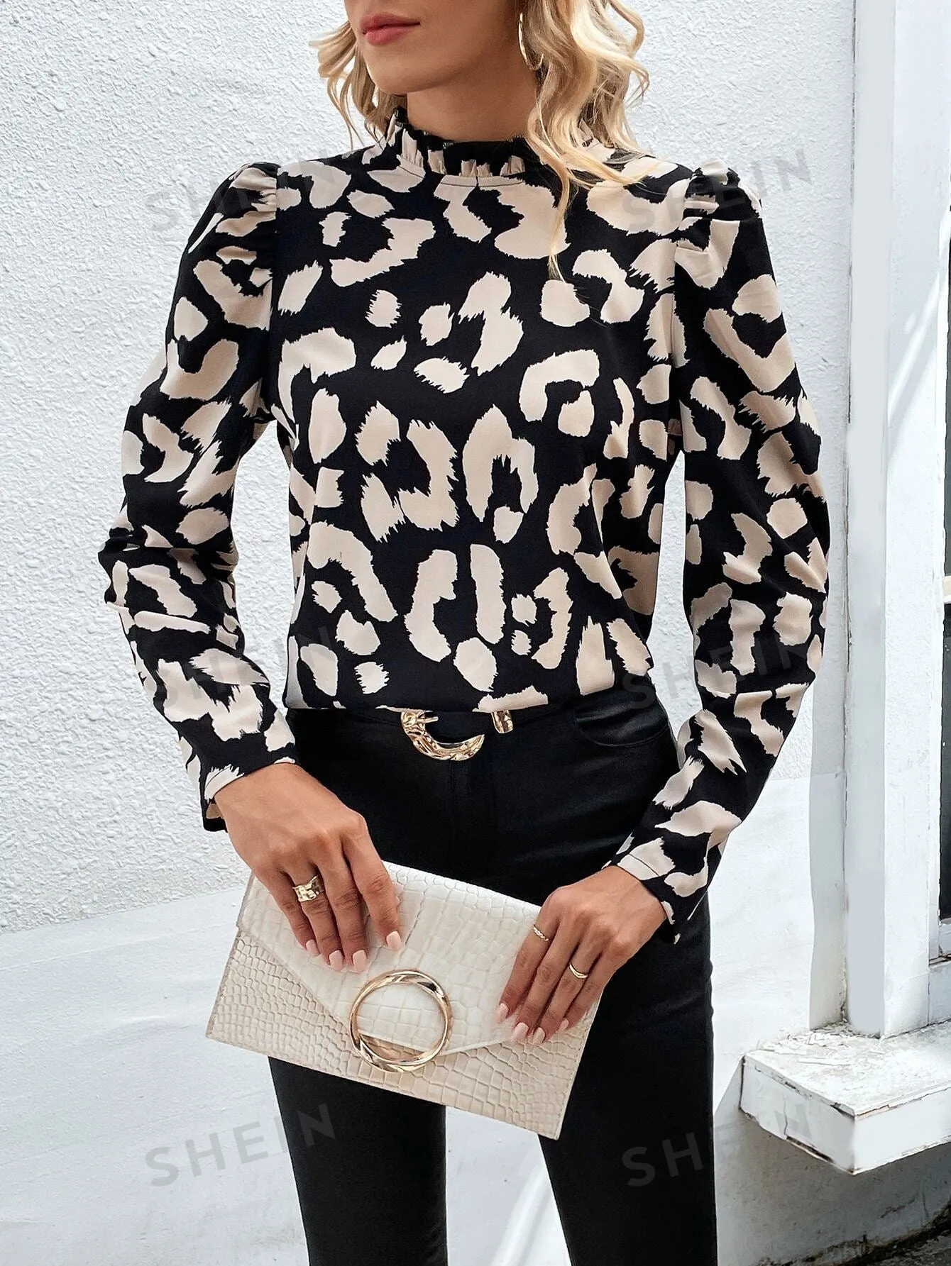 Clasi Leopard Print Frill Mock Neck Puff Sleeve Blouse