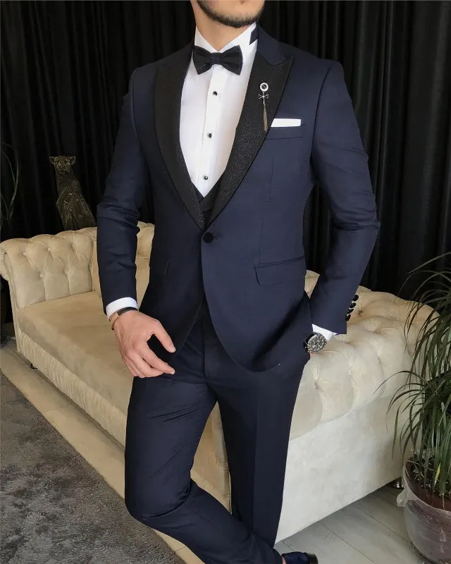Classic Bespoke Dark Blue Three Pieces Peaked Lapel Slim Fit Business Men Suits