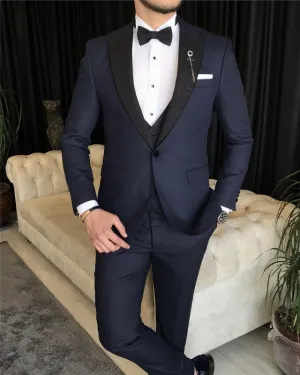 Classic Bespoke Dark Blue Three Pieces Peaked Lapel Slim Fit Business Men Suits
