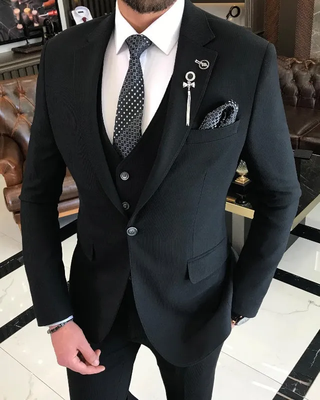 Classic Black Slim Fit Three Pieces Notch Lapel Business Men Suits
