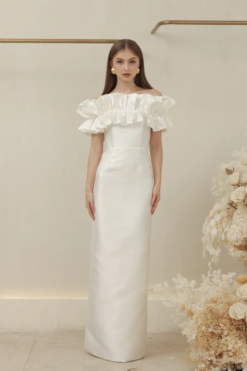 CLEMENTINE DRESS Off Shoulder Pencil Skirt Gown with Oversize Ruffle (Ivory White Dupioni)