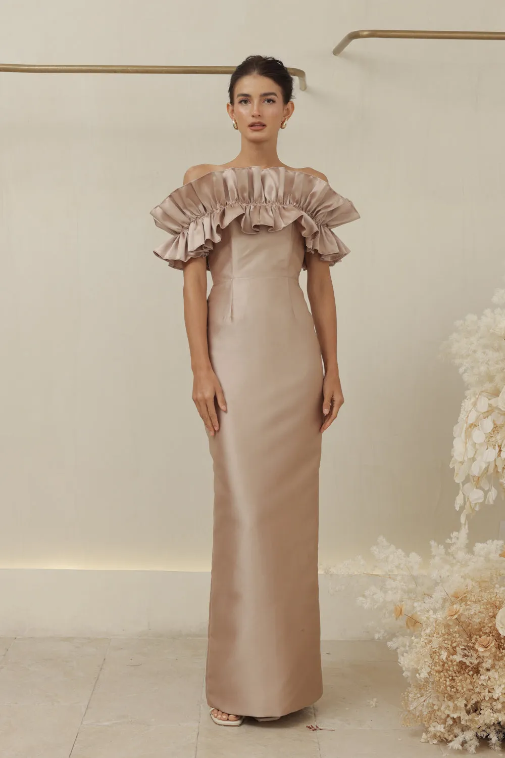 CLEMENTINE DRESS Off Shoulder Pencil Skirt Gown with Oversize Ruffle (Tan Dupioni)