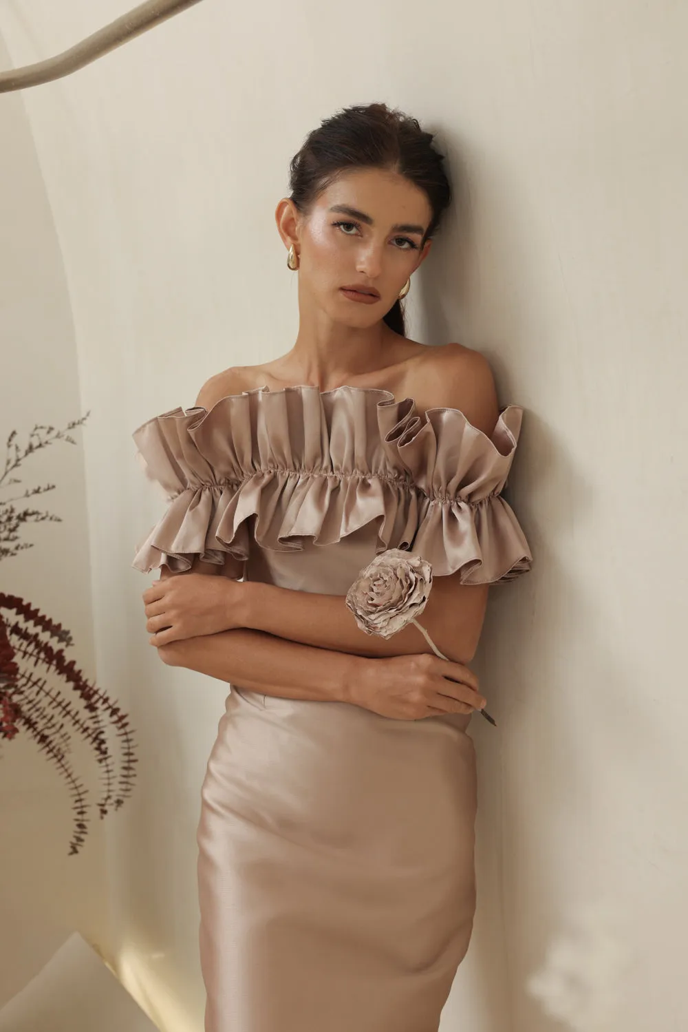 CLEMENTINE DRESS Off Shoulder Pencil Skirt Gown with Oversize Ruffle (Tan Dupioni)