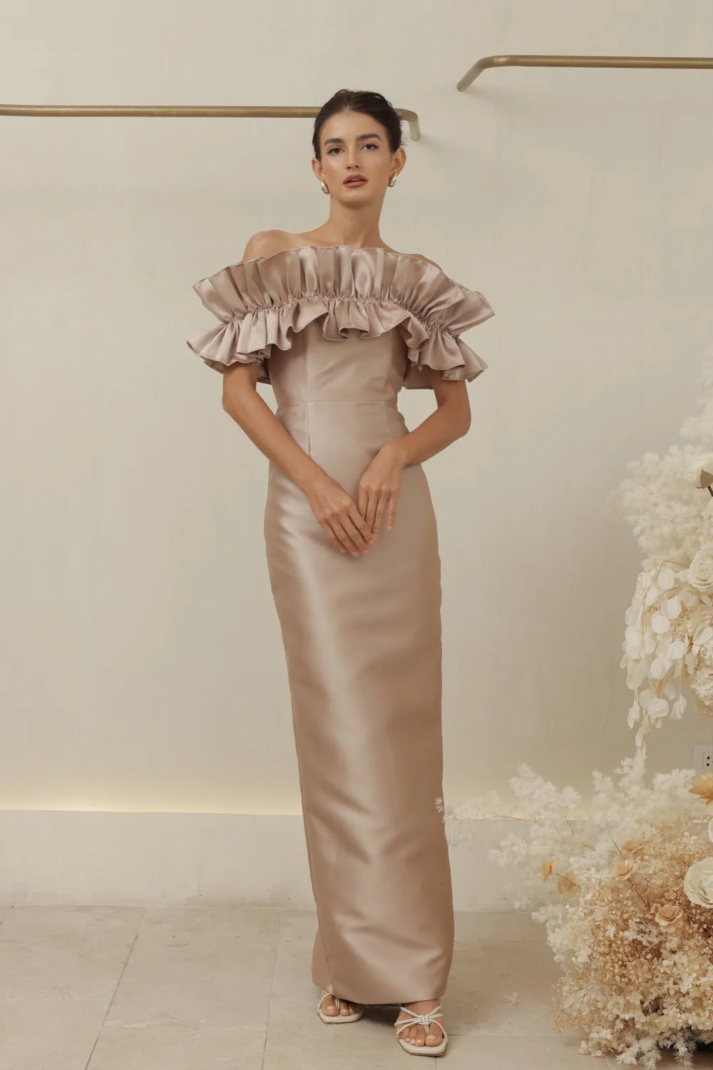 CLEMENTINE DRESS Off Shoulder Pencil Skirt Gown with Oversize Ruffle (Tan Dupioni)