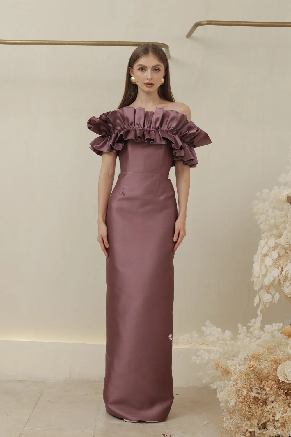 CLEMENTINE DRESS Off Shoulder Pencil Skirt Maxi Gown with Oversize Ruffle (Dark Mauve Dupioni)