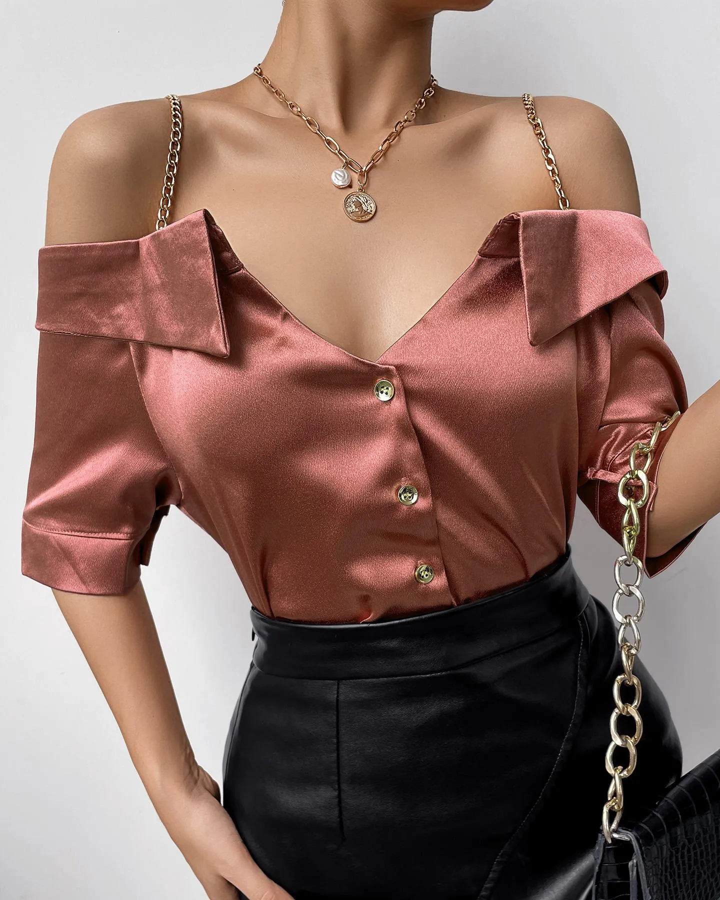 Cold Shoulder Chain Strap Satin Buttoned Top
