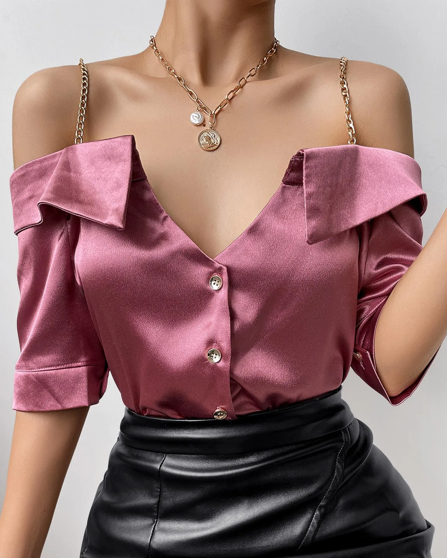 Cold Shoulder Chain Strap Satin Buttoned Top