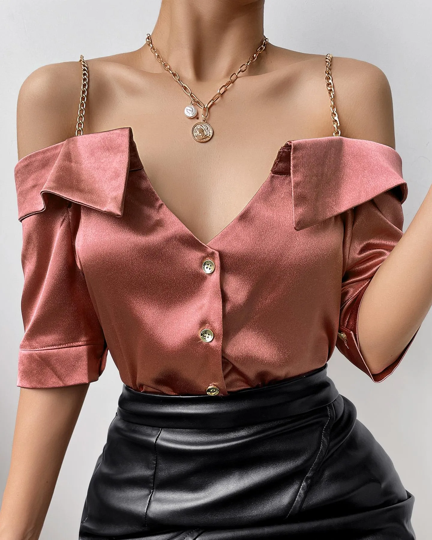 Cold Shoulder Chain Strap Satin Buttoned Top