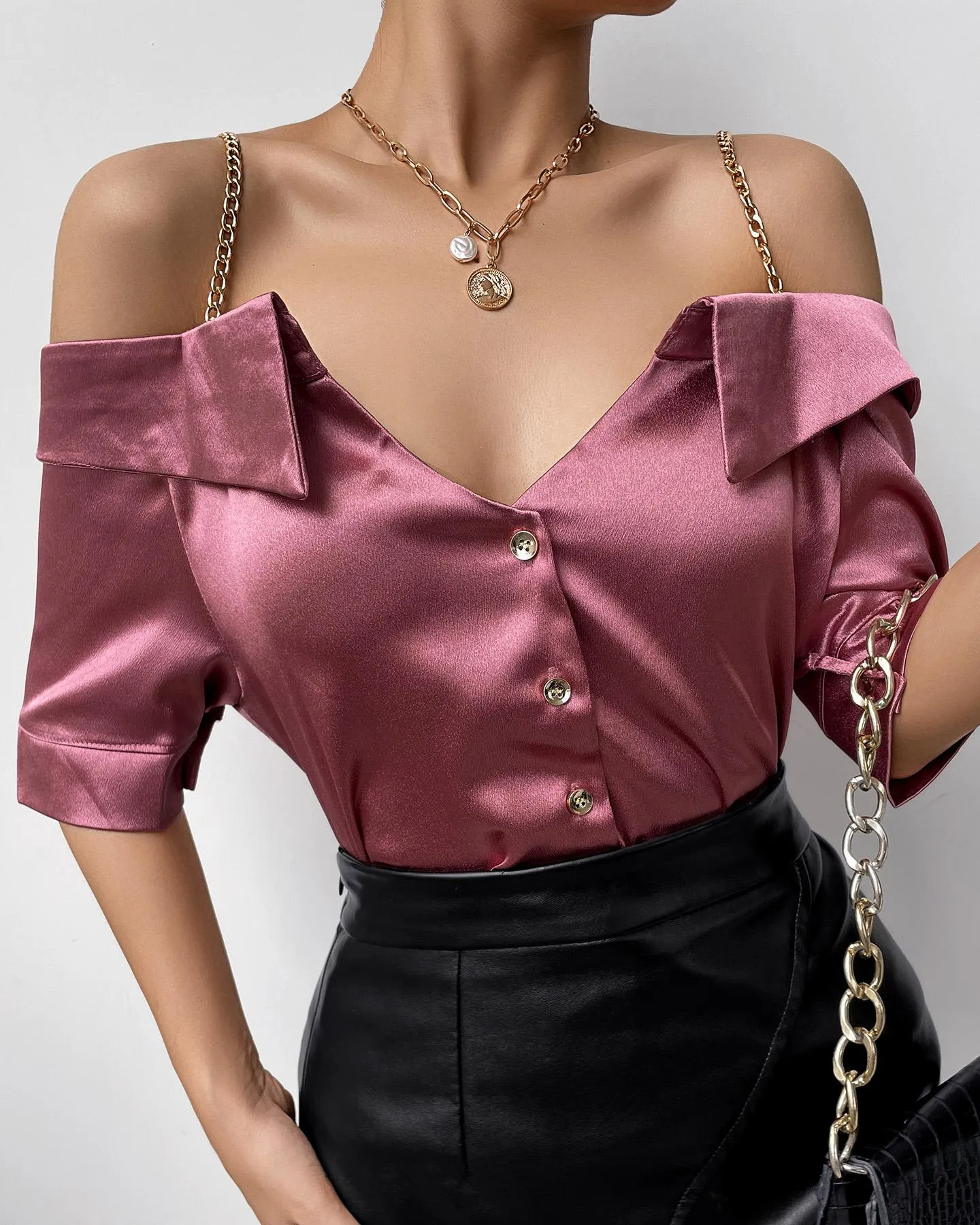 Cold Shoulder Chain Strap Satin Buttoned Top