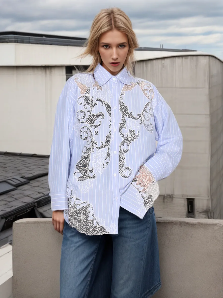 COLLARED LACE DETAILED BUTTON UP BLOUSE