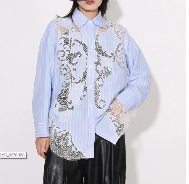 COLLARED LACE DETAILED BUTTON UP BLOUSE