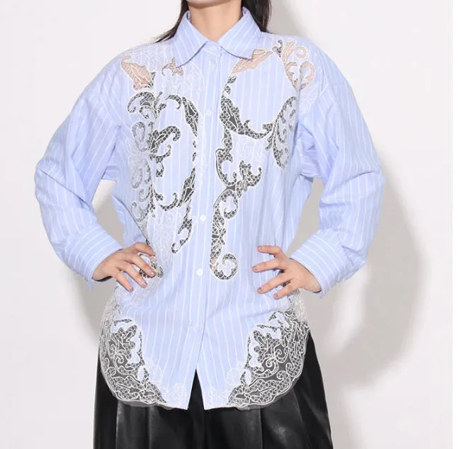 COLLARED LACE DETAILED BUTTON UP BLOUSE