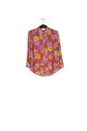Coral floral-print silk shirt