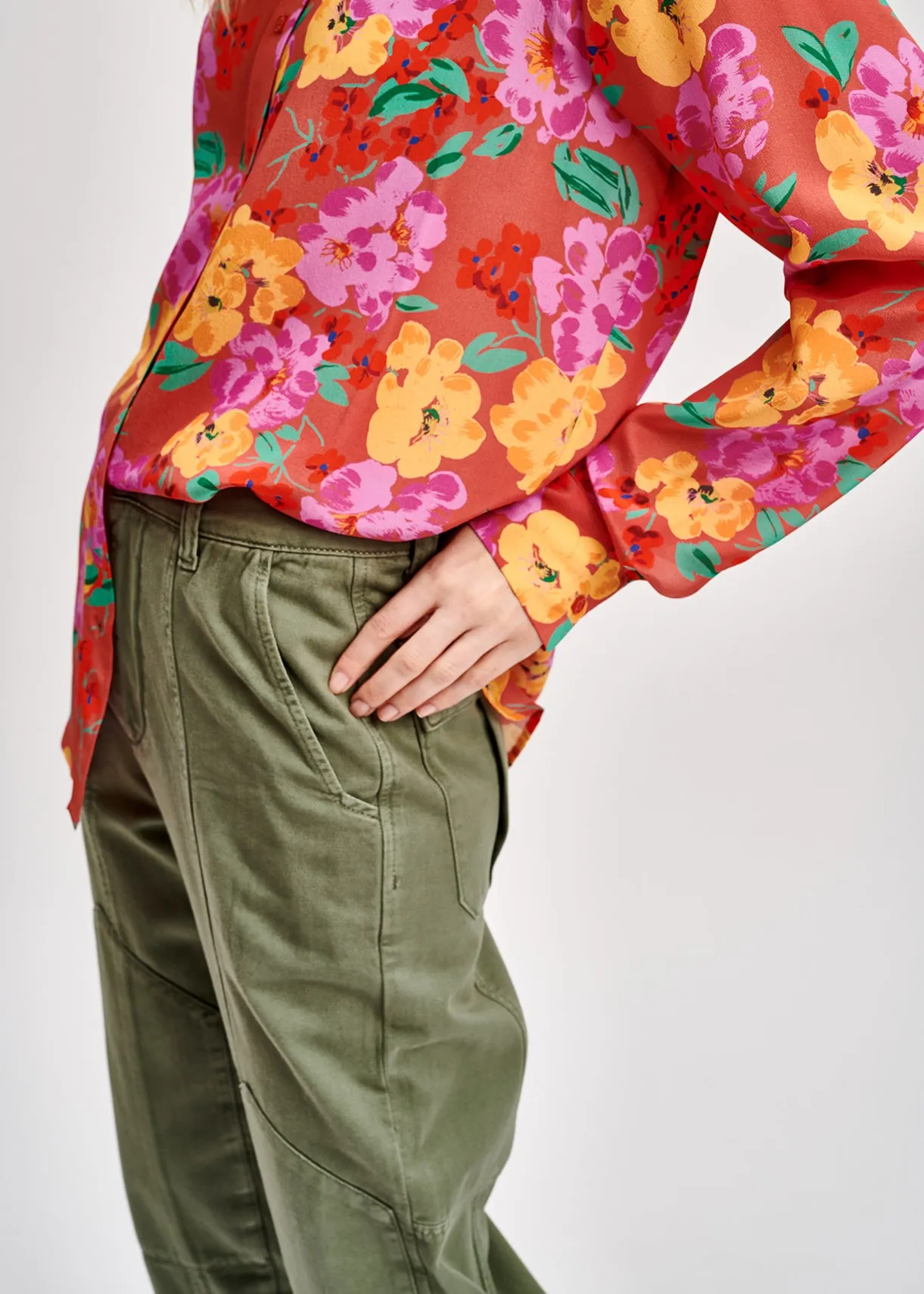 Coral floral-print silk shirt
