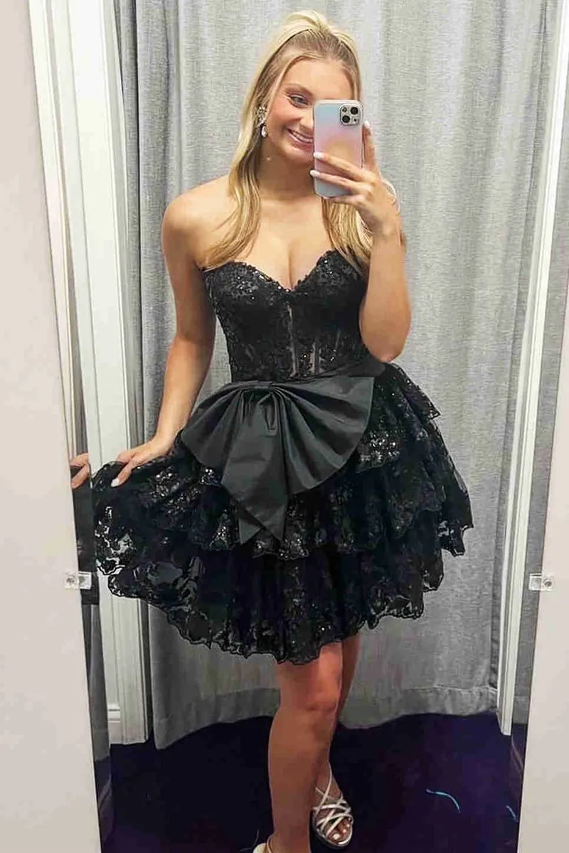 Corset Sequin Appliques Short Party Dresses with Bow
