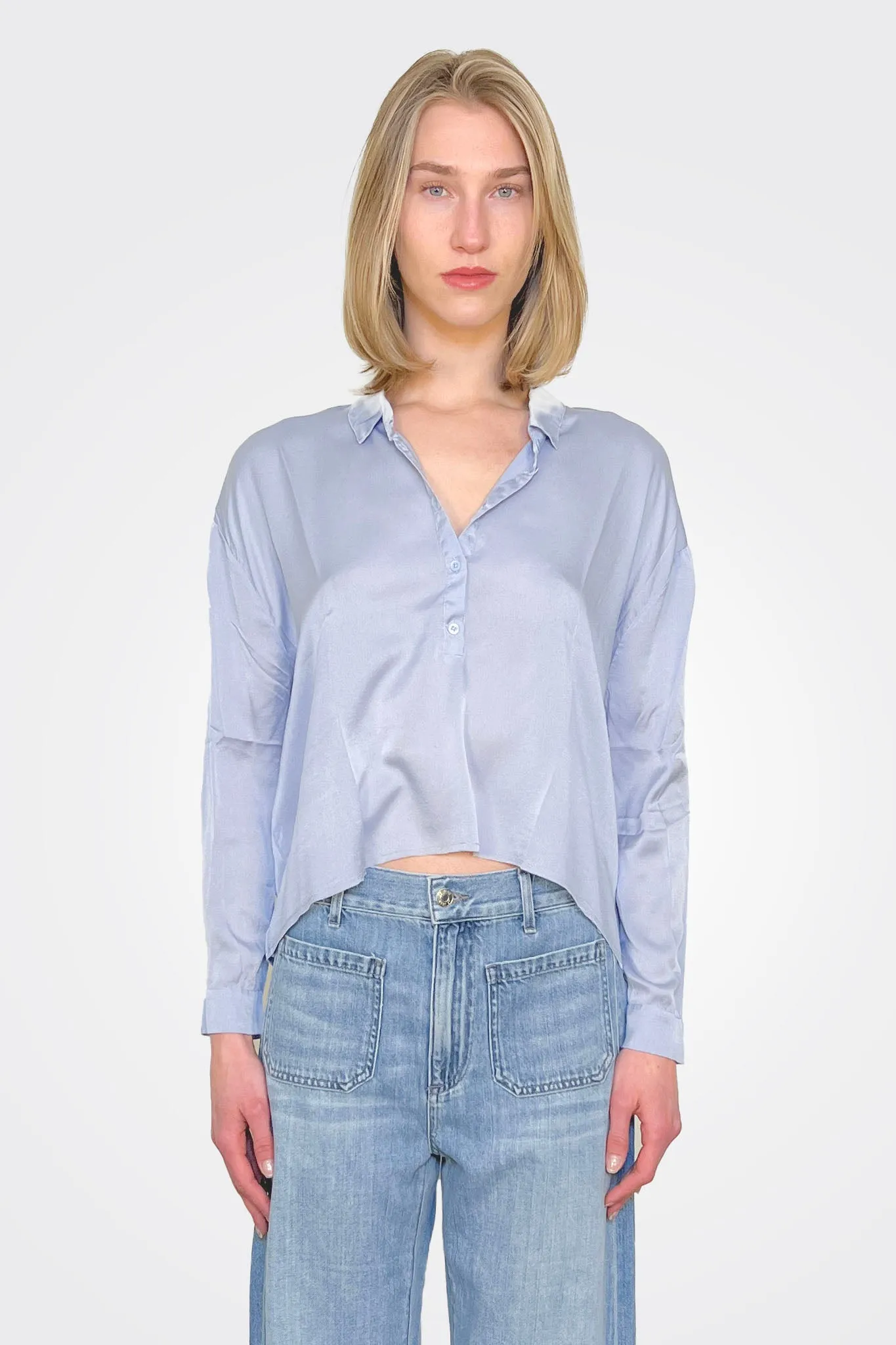Cropped 3/4 Button Down Blouse - Sky