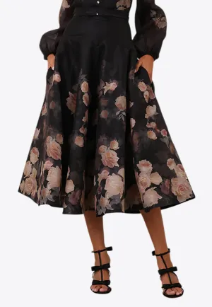 Crush Floral Flared Midi Skirt