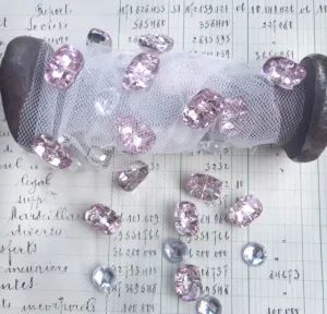crystal button trim. pink and clear.