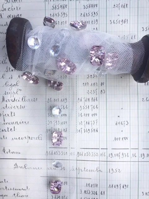 crystal button trim. pink and clear.