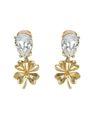 Crystal Clover Drop Clip Earrings