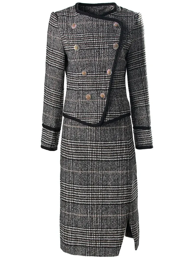 Danielle Plaid Tweed Suit Women O-Neck Double Breasted Jacket Pencil Skirt Office Lady Two Piece Set