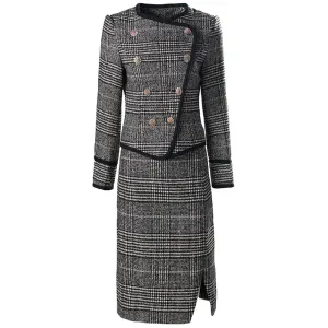 Danielle Plaid Tweed Suit Women O-Neck Double Breasted Jacket Pencil Skirt Office Lady Two Piece Set
