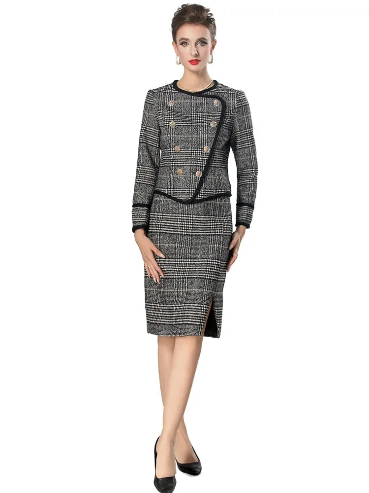 Danielle Plaid Tweed Suit Women O-Neck Double Breasted Jacket Pencil Skirt Office Lady Two Piece Set