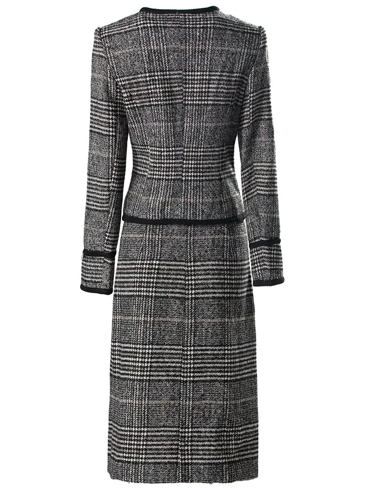 Danielle Plaid Tweed Suit Women O-Neck Double Breasted Jacket Pencil Skirt Office Lady Two Piece Set