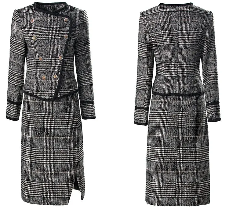 Danielle Plaid Tweed Suit Women O-Neck Double Breasted Jacket Pencil Skirt Office Lady Two Piece Set