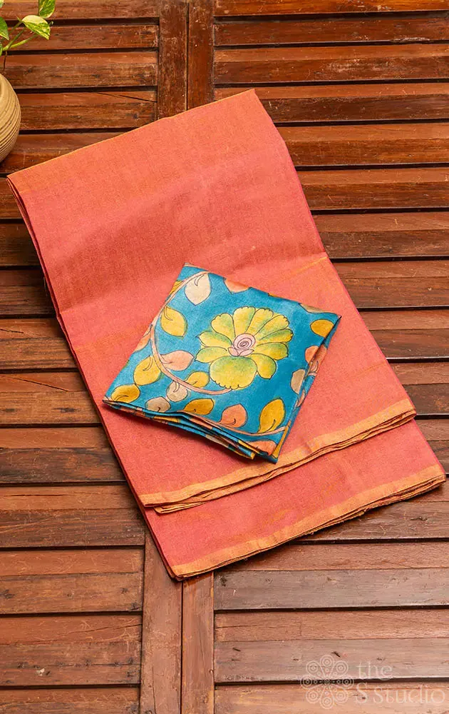 Dark peach plain chanderi tissue silk saree