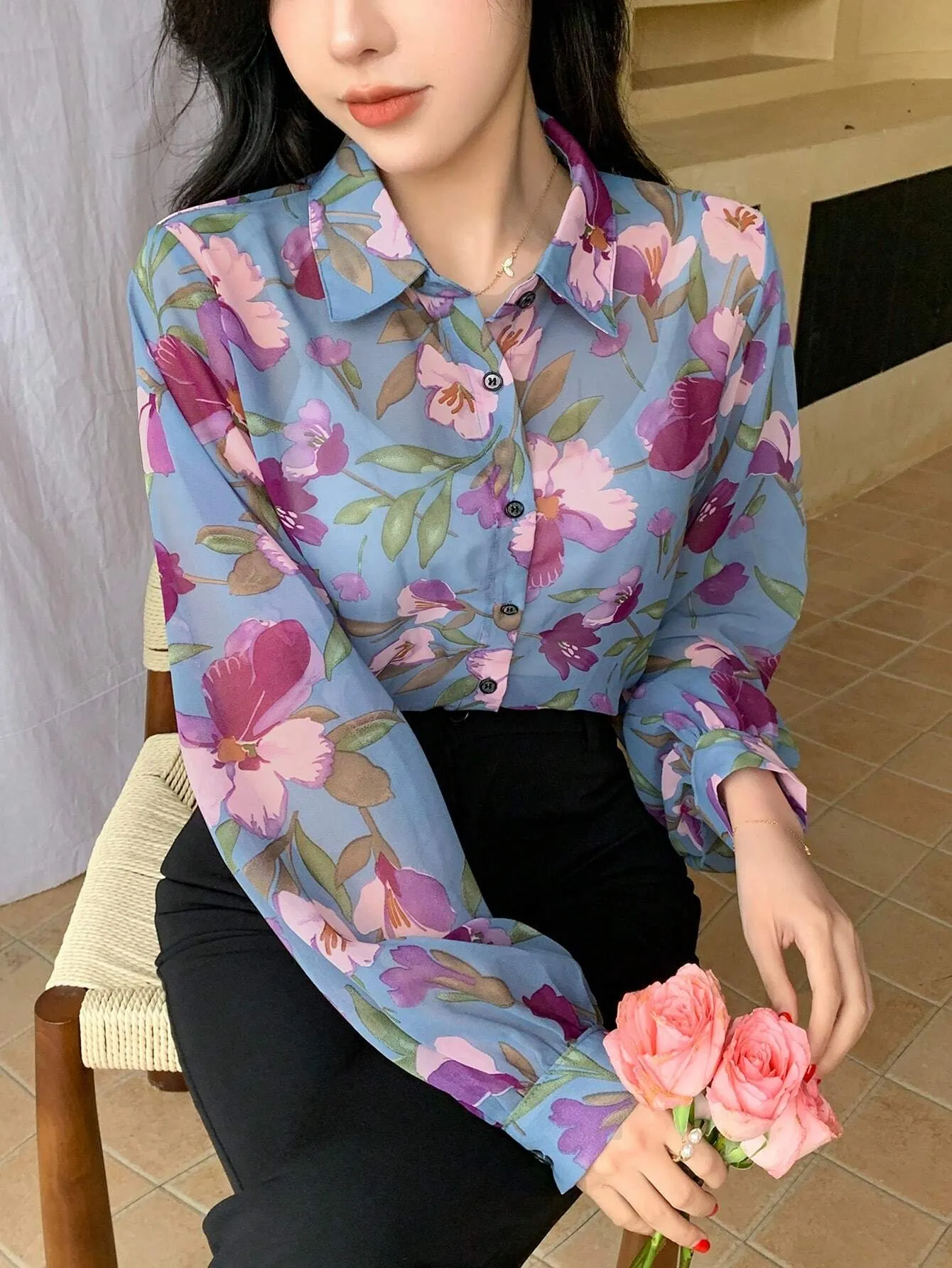 DAZY Floral Print Button Front Shirt