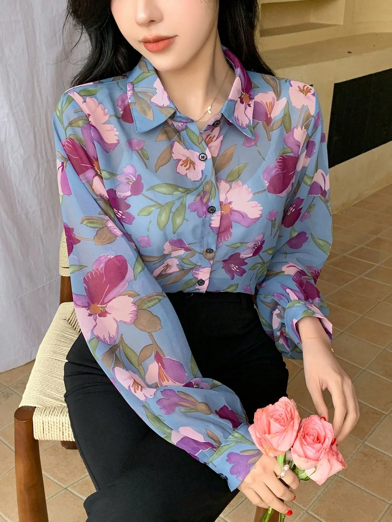 DAZY Floral Print Button Front Shirt