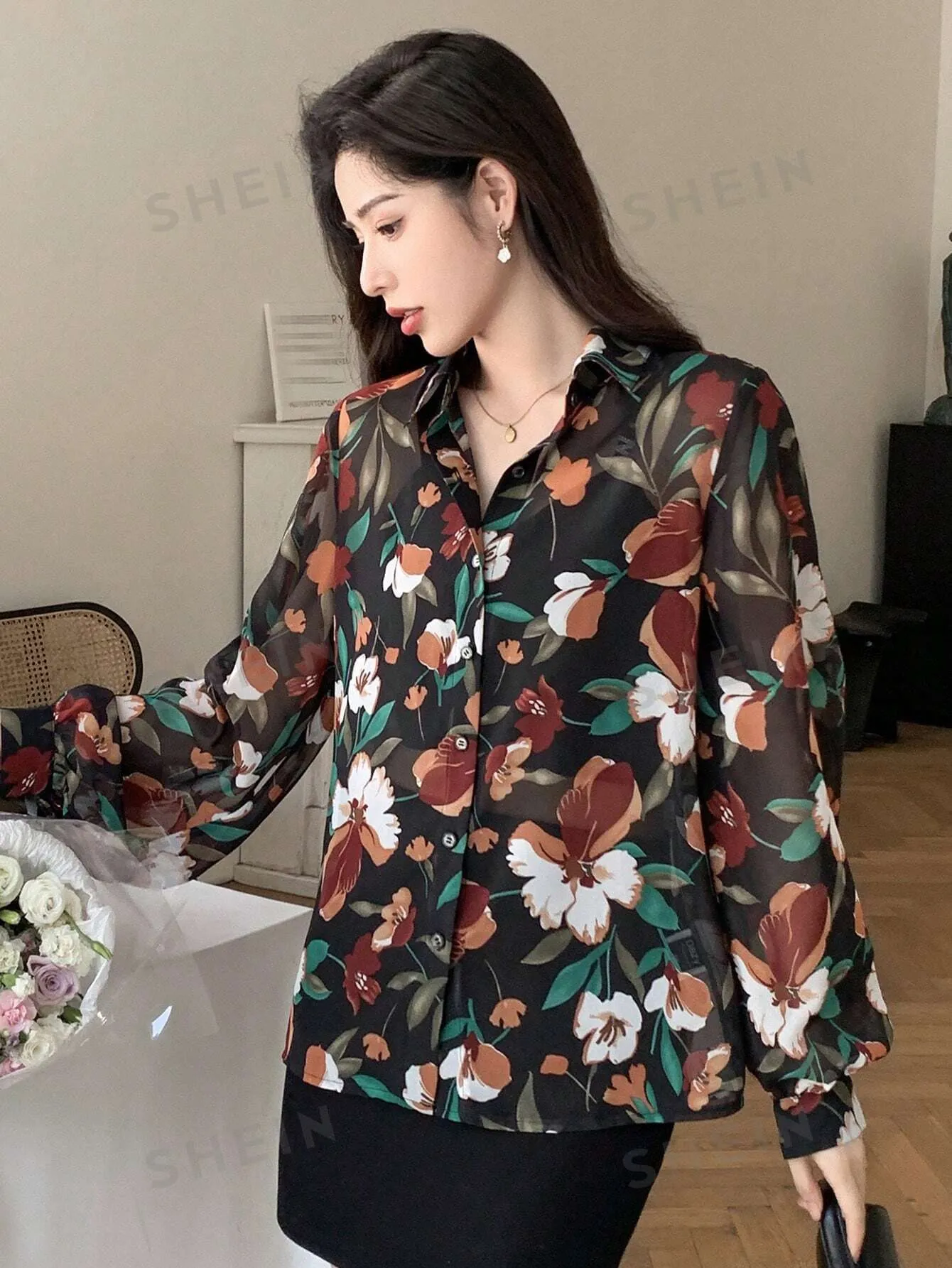 DAZY Floral Print Button Front Shirt