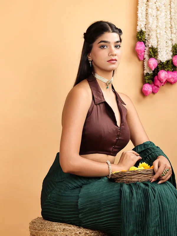 Deep Brown Embroidered Halter Neck padded Blouse