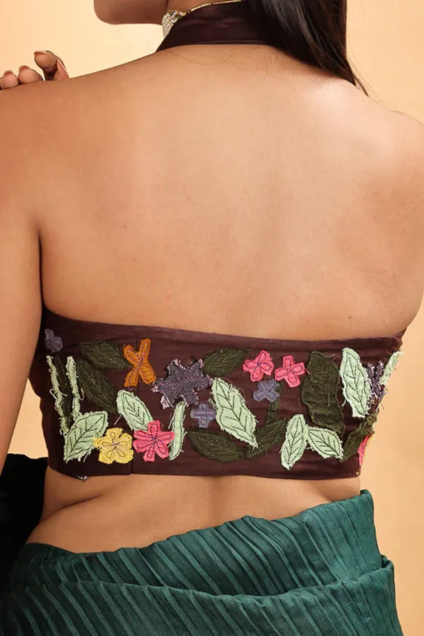 Deep Brown Embroidered Halter Neck padded Blouse