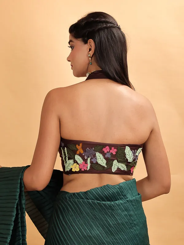 Deep Brown Embroidered Halter Neck padded Blouse