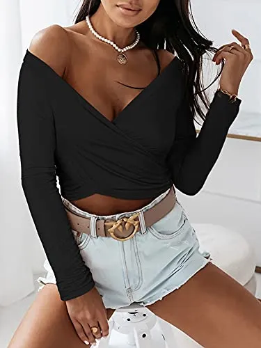 Deep V Neck Cross Wrap Crop Top