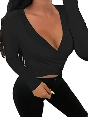Deep V Neck Cross Wrap Crop Top