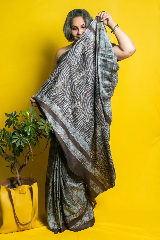 Devaki - Ice Blue Brown Kutchh Reverse Batik Tussar Silk Handloom Saree
